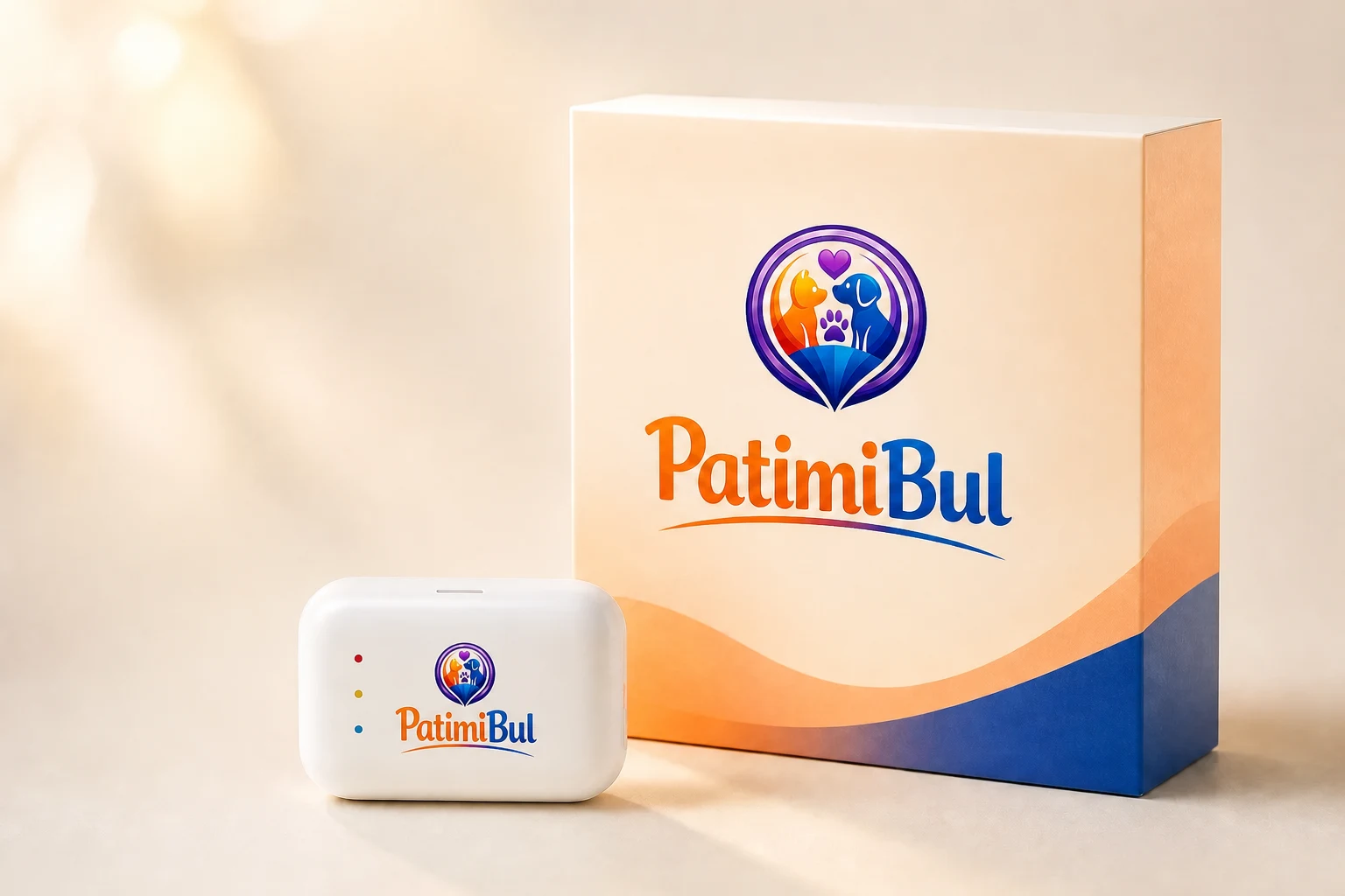 PatimiBul GPS takip cihazı ve PatimiBul logolu kutusu
